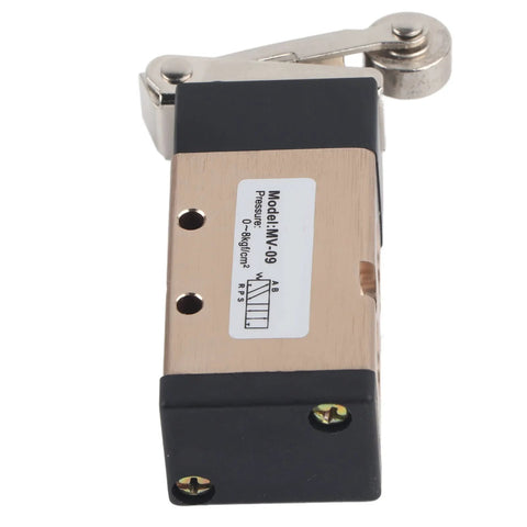 2 Position 5 Way Pneumatic Hand Pull Valve Roller Type Pneumatic Mechanical Valve 1/4" PT Port Aluminum Alloy Pneumatic Switch Valve MV-09 Pneumatic Control Reversing Valve, shown in side view with visible roller lever and aluminum alloy body.