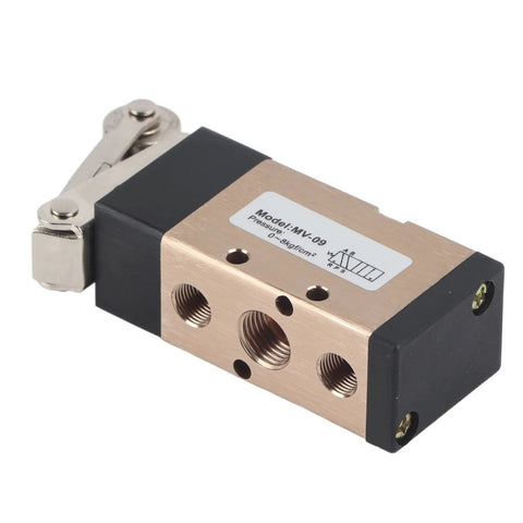 2 Position 5 Way Pneumatic Hand Pull Valve Roller Type Pneumatic Mechanical Valve 1/4" PT Port Aluminum Alloy Pneumatic Switch Valve MV-09 Pneumatic Control Reversing Valve, side view.