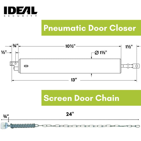 Diagram of Heavy Duty Pneumatic Screen And Storm Door Closer With Wind Chain For Tough Exterior Doors, model 8730 dimensions shown