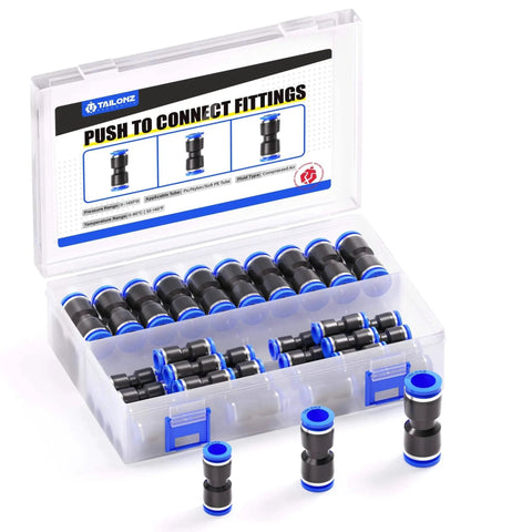 Box of 30 Pcs Pneumatic Straight Push Connectors Set Plastic Quick Release Air Line Fittings For Quarter Inch To Three Eighth Inch Tubing Two Way