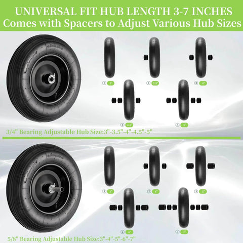 Universal pneumatic wheelbarrow tire with adjustable spacers for 3-7 inch hub, showing 2 pack 4.80/4.00-8 tire and wheel design