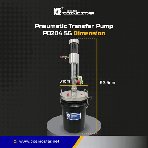 COSMOSTAR P0204 2:1 Air Operated Pneumatic Oil/Chemical Transfer Pump on 5 Gallon Drum showing dimensions, stainless steel type.