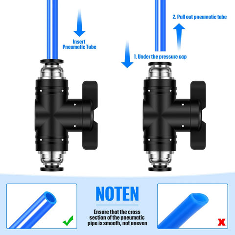 Flutesan pneumatic ball valve set, 5 pcs, 1/4 inch x 1/4 inch OD, black PVC valve with blue push-to-connect tubing