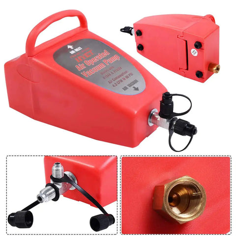 Heavy Duty Workhorse Pneumatic Vacuum Pump For Auto And Home Air Conditioning Systems With 4.2 CFM Capacity 28.3 InHg Vacuum At Sea Level Easy To Use Air Operated Design For Automotive Refrigeration And HVAC Maintenance From Goplus showing red casing and attachments