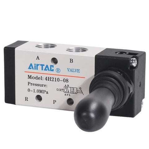 Front view of Five Port Two Position Hand Lever Pneumatic Valve 4HA210-08 with aluminum alloy body and manual control.