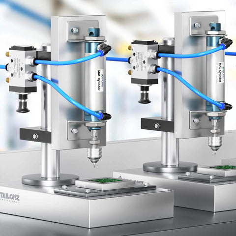 Industrial setup with Five Way Two Position Hand Lever Pneumatic Valve With Spring Reset Center Return One Quarter Inch NPT.