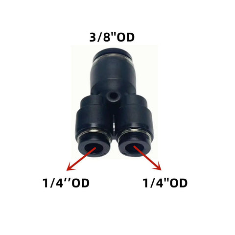 Pneumatic Push To Connect Y Splitter Reducer Fitting Three Eighths Inch By One Quarter Inch By One Quarter Inch Outer Diameter Air Line Quick Connect Black Tube Fitting With Push Lock For Fast Easy Installation Durable PBT Plastic Pack Of Five, front view showing 3/8 inch and dual 1/4 inch outer diameters.