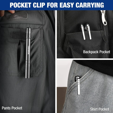 Aluminum LED Pen Light 4 Pack With Clip For Inspection And Emergency Use Includes 2AAA Batteries Pocket Sized Flashlight clipped to pants, backpack, and shirt pockets for easy carrying.