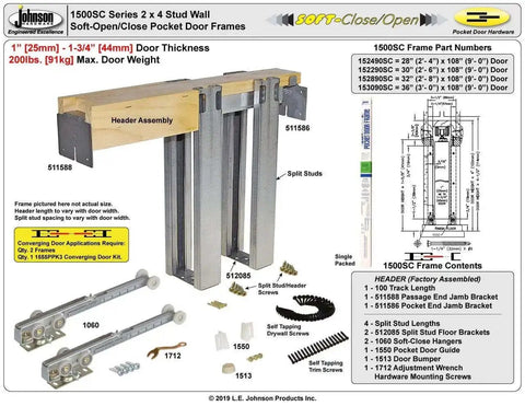 Soft Close Pocket Door Frame Kit for 2x4 Stud Walls 32x80 Inches Built for Heavy Duty Commercial Grade Steel With Smooth Quiet Closure diagram