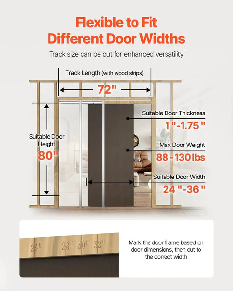 Diagram of Pocket Door Frame Kit For 24-36 Inch Wide Doors, 80 Inch High, featuring adjustable measurements and installation guide.