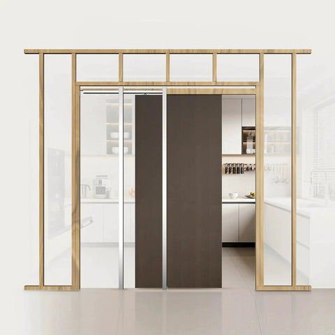 Pocket Door Frame Kit For 24-36 Inch Wide Doors, 80 Inch High, installed in a kitchen, wooden frame, sliding door visible