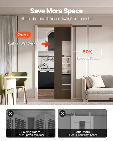 Pocket Door Frame Kit For 24-36 Inch Wide Doors, 80 Inch High, installed in living room to save space, showing push-in-wall design
