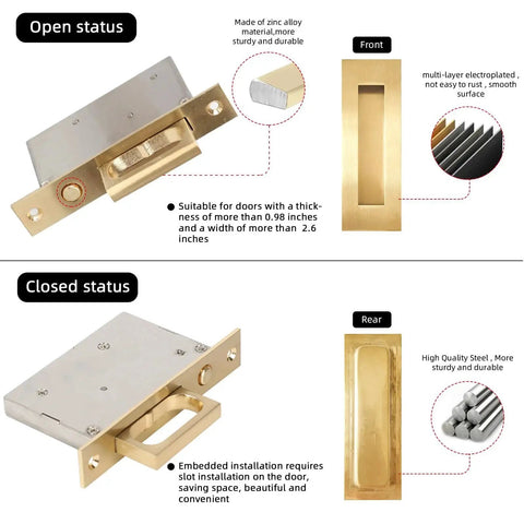 Pocket Door Edge Pull And Recessed Finger Flush Pull In Gold Finish Hidden Door Handle Set With Push Auto Bounce Switch Six Inch