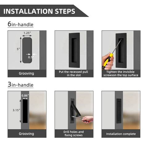 Installation steps for Pocket Door Handles And Edge Pulls In Matte Black Finish, showing grooving and fixing procedure.