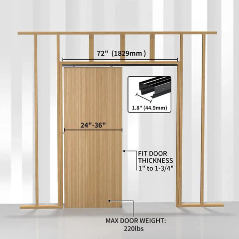 Pocket Door Hardware And Track Set 72 Inch Sliding Door Aluminum Alloy Box Rail For Single Wooden Door Black High Strength Construction