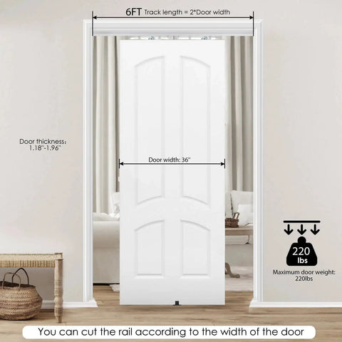 Pocket Door Hardware And Track Kit With 72 Inch Aluminum Box Rail For 24 To 36 Inch Wide Single Door Commercial Grade Rust Resistant Construction Smooth Operation With Nylon Rollers Easy To Install Heavy Duty Sliding System installed on white door frame.