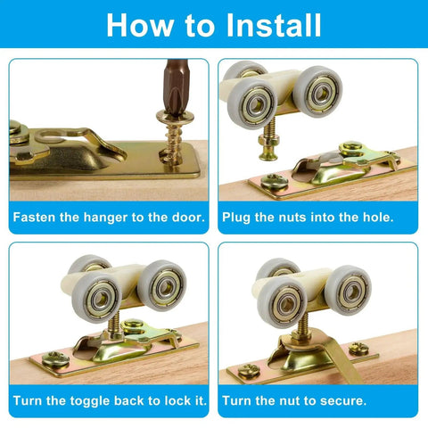 Installation steps for Two Set Pocket Door Hardware Kit For RV Sliding Doors Including Interior Hanger Rollers And Connection Plates Durable Heavy Duty Construction Complete Set With Four Hanger Plates And Eight Screws For Easy RV Interior Sliding Door Installation