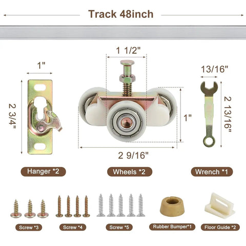 Complete Pocket Door Hardware Kit With 48 Inch Aluminum Track And Two One Inch Nylon Ball Bearing Hangers, Door Guides And Bumper Stop, includes hangers, wheels, screws, wrench, rubber bumper, and floor guide displayed with dimensions.