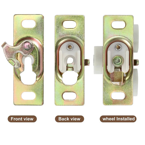Complete Pocket Door Hardware Kit With 48 Inch Aluminum Track And Two One Inch Nylon Ball Bearing Hangers, front, back, and wheel view