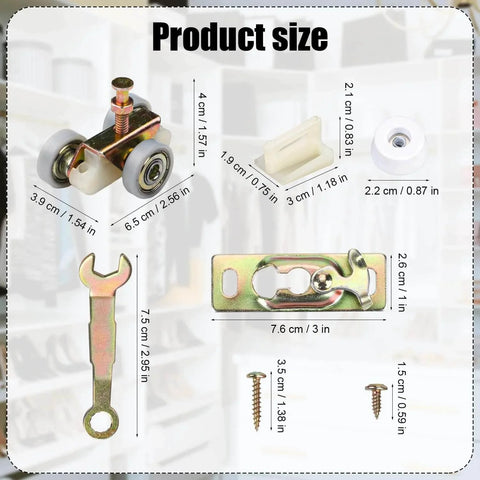 Components of Sliding Pocket Door Hardware Kit with measurements, includes hangers, wrench, screws, compatible with Johnson Part 1125 & 1500