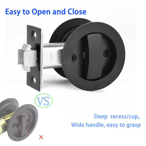 Pocket Door Keyed Lock With Flush Handles For Recessed 2 Sided Sliding Barn Door Latch, Round Contemporary Entrance Hardware, 2-3/8 Inch Backset, Matte Black Finish, Easy Grip Lever For Left Or Right Handed Doors
