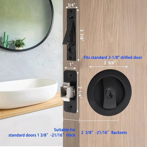 Image of a Pocket Door Keyed Lock With Flush Handles For Recessed 2 Sided Sliding Barn Door Latch, Round Contemporary Entrance Hardware, 2-3/8 Inch Backset, Matte Black Finish, Easy Grip Lever For Left Or Right Handed Doors, installed on a wooden door, showing detailed measurements.