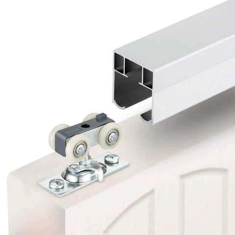 Pocket Door Hardware And Track Kit With 72 Inch Aluminum Box Rail For 24 To 36 Inch Wide Single Door Commercial Grade Rust Resistant Construction Smooth Operation With Nylon Rollers Easy To Install Heavy Duty Sliding System, close-up view of aluminum rail and nylon rollers.
