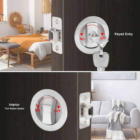 Pocket Door Keyed Lock With Flush Handles For Recessed 2 Sided Sliding Barn Door Latch, Round Contemporary Entrance Hardware, 2-3/8 Inch Backset, Matte Black Finish, Easy Grip Lever For Left Or Right Handed Doors shown installed in living space.