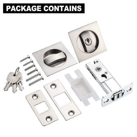 Pocket Door Lock With Keys And Invisible Recessed Handle Latch For Barn Doors And Wood Furniture, Square Privacy Sliding Door Lock, Adjustable Tongue For 35-50mm Doors, Silver Finish package view with components