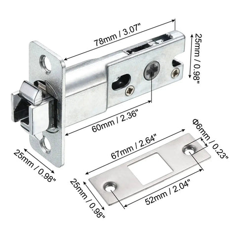 Pocket Door Lock With Keys And Invisible Recessed Handle Latch For Barn Doors And Wood Furniture, Square Privacy Sliding Door Lock, Adjustable Tongue For 35-50mm Doors, Silver Finish, front view with dimensions.