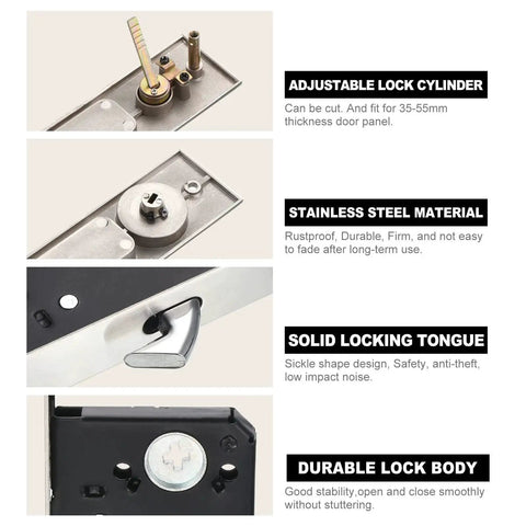 Invisible Recessed Pocket Door Lock With Hidden Handle And Keys, Ideal For Sliding Barn Wood Doors, Silver Finish, lock features.