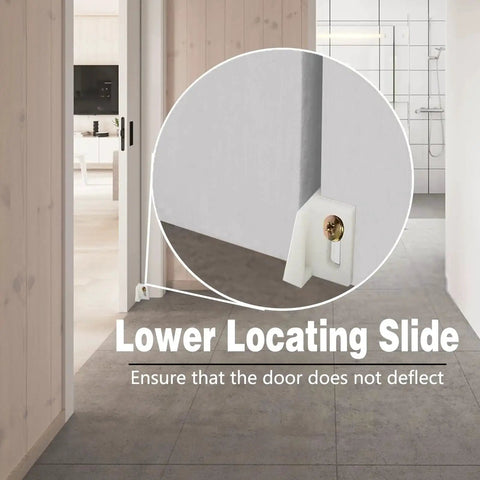 Lower locating slide for pocket door installation, detail circle inset, showing mounting on floor to stabilize sliding door.