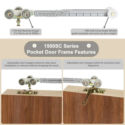 Sliding Pocket Door Soft Close Hanger Replacement Kit 1060 with 1 Inch Nylon Ball Bearing Wheels diagram and features