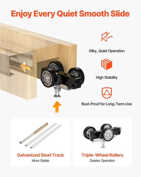 Close-up of Pocket Door Frame Kit For 24-36 Inch Wide Doors, 80 Inch High with triple-wheel rollers and galvanized steel track.