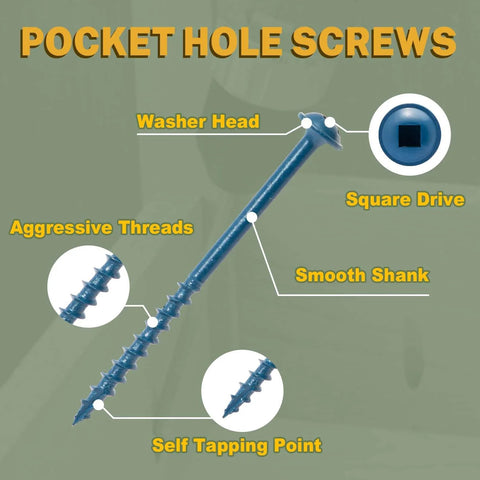 Pocket Hole Screws 2-1/2 Inch with washer head, square drive, aggressive threads, smooth shank, and self-tapping point.