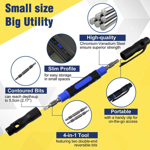 4-In-1 Pocket Screwdriver Pen Tool Set with double-ended Phillips and flat head bits, ultra compact repair kit shown in detail.