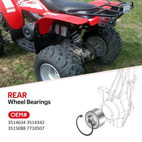 Rear Wheel Bearings For Polaris ATVs And UTVs Heavy Duty Fitment For Trail Blazer 330 Trail Boss 330 Outlaw 500 525 Sportsman 300 400 500 ATP 330 500 Hawkeye 300 35 x 64 x 37 Mm JAVIK next to ATV rear wheels.
