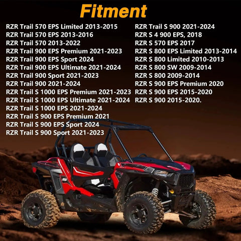 Polaris RZR models listed for fitment with a red ATV on rocky terrain, Two Pack Driveshaft Spring Pins For Polaris RZR 570 800 900 1000 Replaces 7661913.