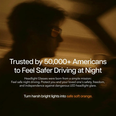 Silhouette of driver wearing Polarized GlareCut LED Headlight Glasses For Driving Fits Over Rx Lenses at night.