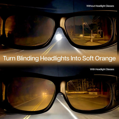 Polarized GlareCut LED Headlight Glasses For Driving Fits Over Rx Lenses showing night view with and without glasses