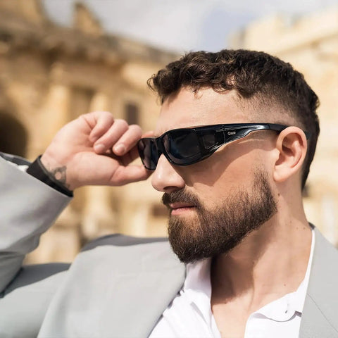 Man wearing Polarized Fitover Sunglasses for Men and Women UV400 Protection Gray Lens outdoors