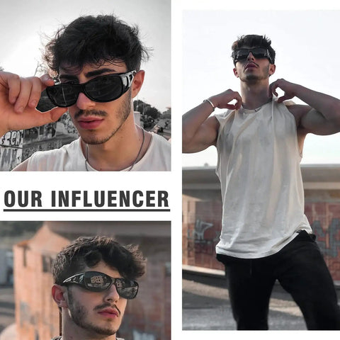 Man wearing Polarized Fitover Sunglasses for Men and Women UV400 Protection Gray Lens outdoors, showcasing side and front views.