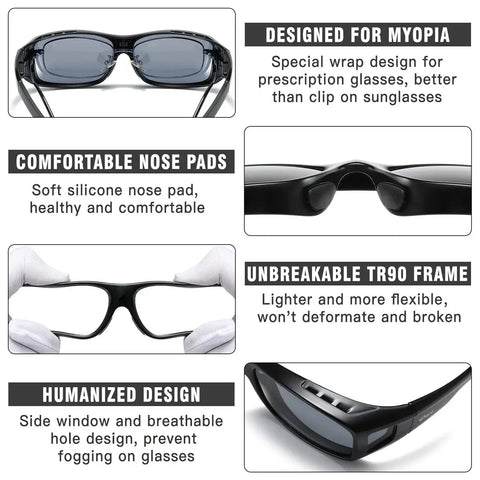 Polarized Fitover Sunglasses for Men and Women UV400 Protection Gray Lens with TR90 frame and silicone nose pads in detailed view.