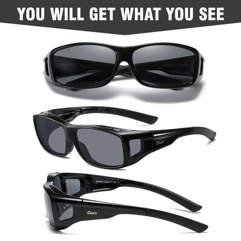 Polarized Fitover Sunglasses for Men and Women UV400 Protection Gray Lens with TR90 frame, side and front views.