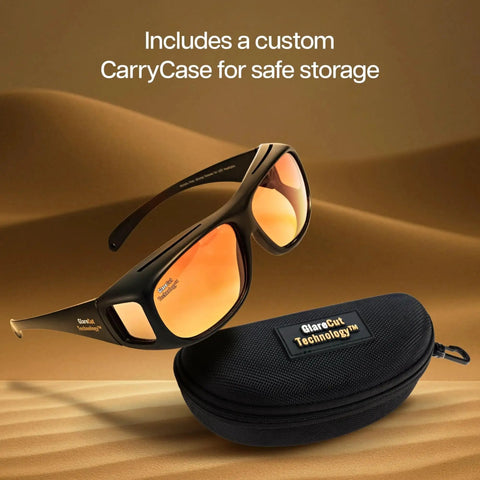 Polarized GlareCut LED Headlight Glasses For Driving Fits Over Rx Lenses with orange lenses and carry case