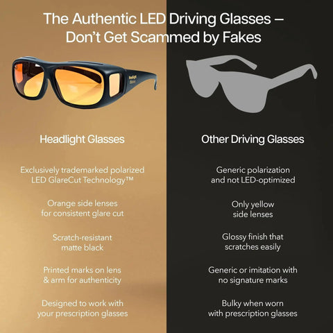 Comparison of Polarized GlareCut LED Headlight Glasses for Driving against generic glasses, highlighting benefits and features.