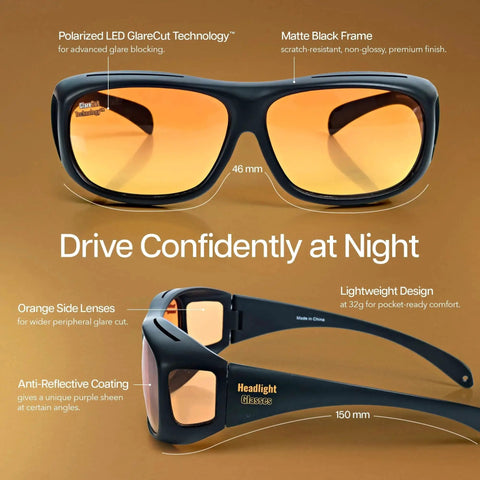 Polarized GlareCut LED Headlight Glasses For Driving Fits Over Rx Lenses with orange side lenses and matte black frame.