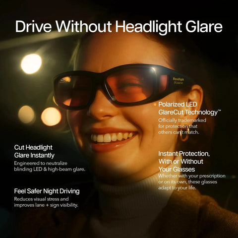 Smiling woman wearing Polarized GlareCut LED Headlight Glasses For Driving Fits Over Rx Lenses at night