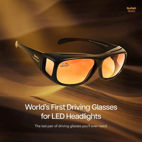 Polarized GlareCut LED Headlight Glasses For Driving Fits Over Rx Lenses with orange side lenses on a glowing background.