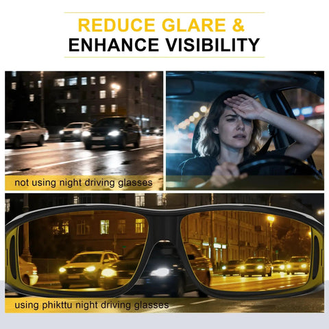 Comparison of night driving with and without Polarized Yellow Night Driving Glasses Anti Glare Wrap Around Fit Over Glasses
